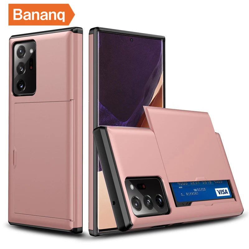 Pink smartphone case with a sliding cardholder section revealing a blue card. The case is designed for a phone with a triple-lens camera. Orange "Banq" logo in the corner.