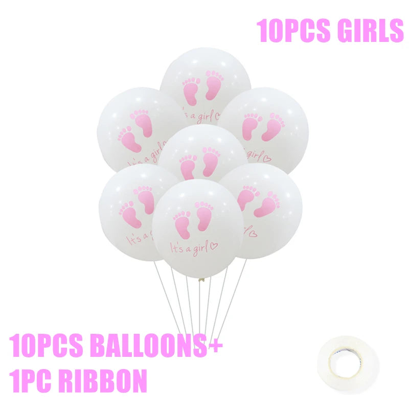 White balloons with pink baby footprints and "It's a girl" text, bundled with ribbon. Includes "10PCS BALLONS + 1PC RIBBON" in pink text, and a visible roll of tape.
