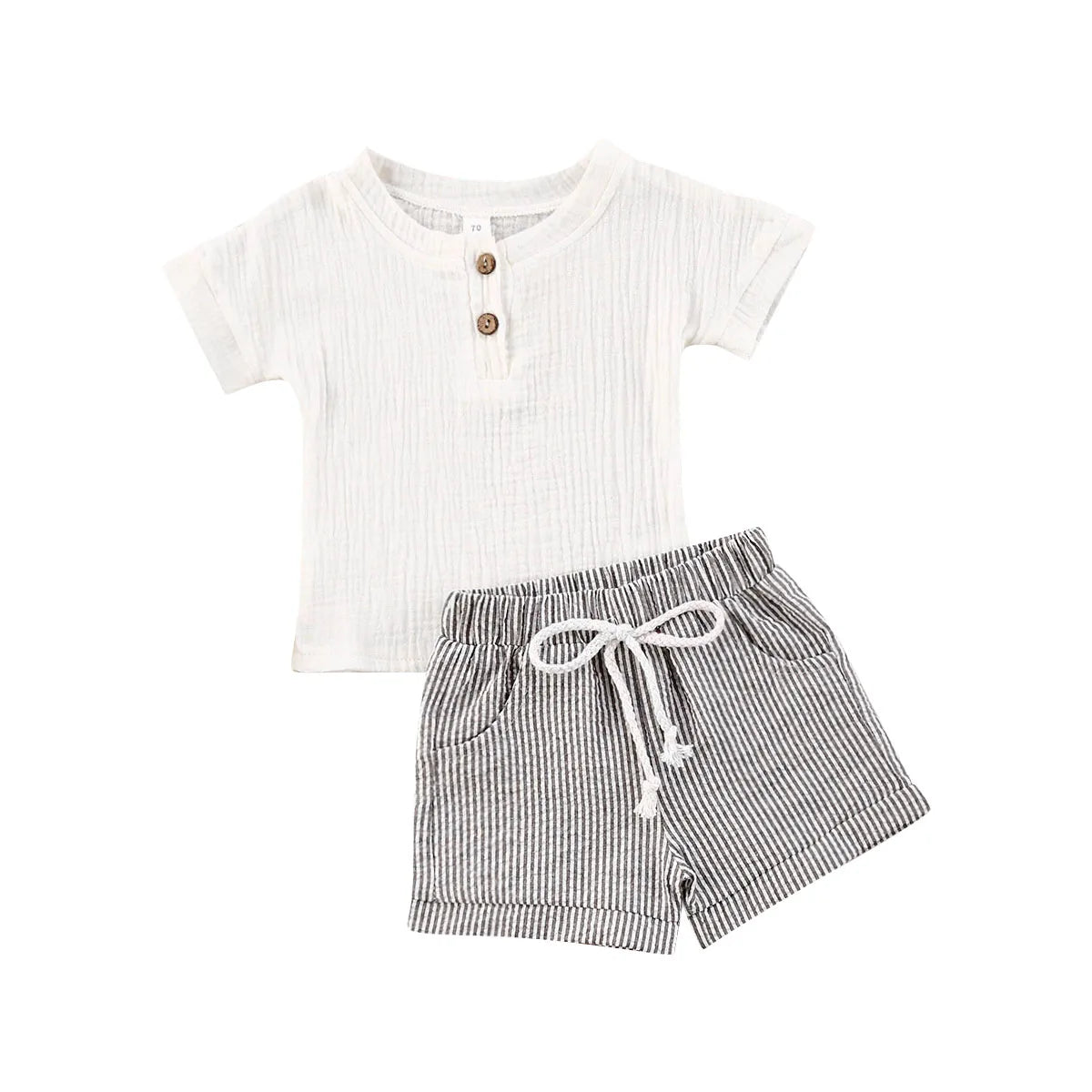 Toddler outfit featuring a white short-sleeve buttoned henley shirt paired with gray and white striped drawstring shorts.