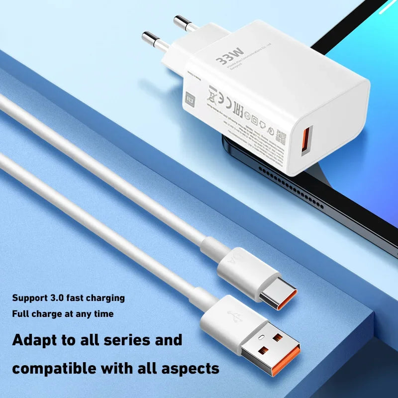 A 33W white charging adapter with two-prong plug is shown next to a USB-C to USB cable, compatible with all devices and supporting 3.0 fast charging.