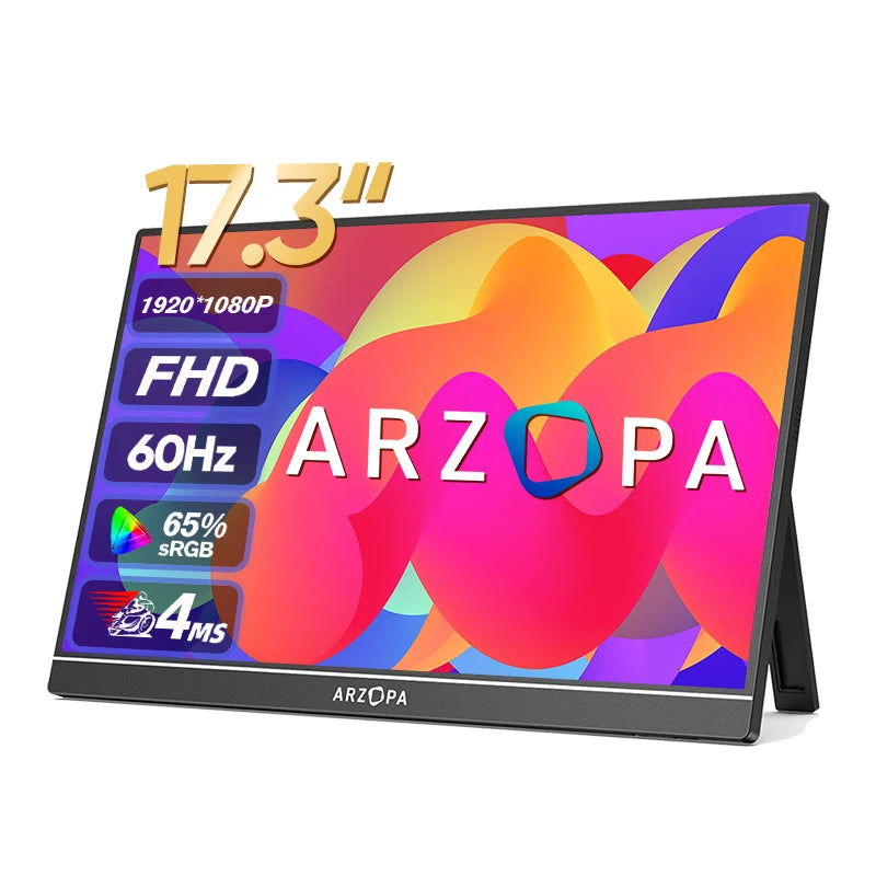 17.3-inch Arzopa portable monitor with 1920x1080 resolution, FHD, 60Hz refresh rate, 65% sRGB color, and 4ms response time. Colorful abstract background on screen.
