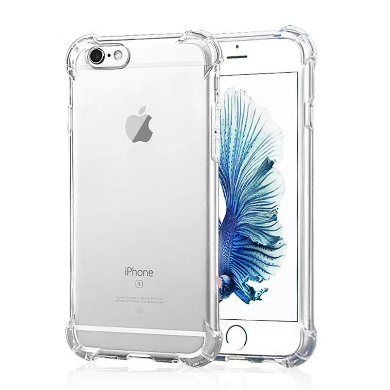 Two iPhones with clear protective cases. The front phone displays a blue fish on the screen, while the back phone shows the Apple logo. Both cases have reinforced corners.