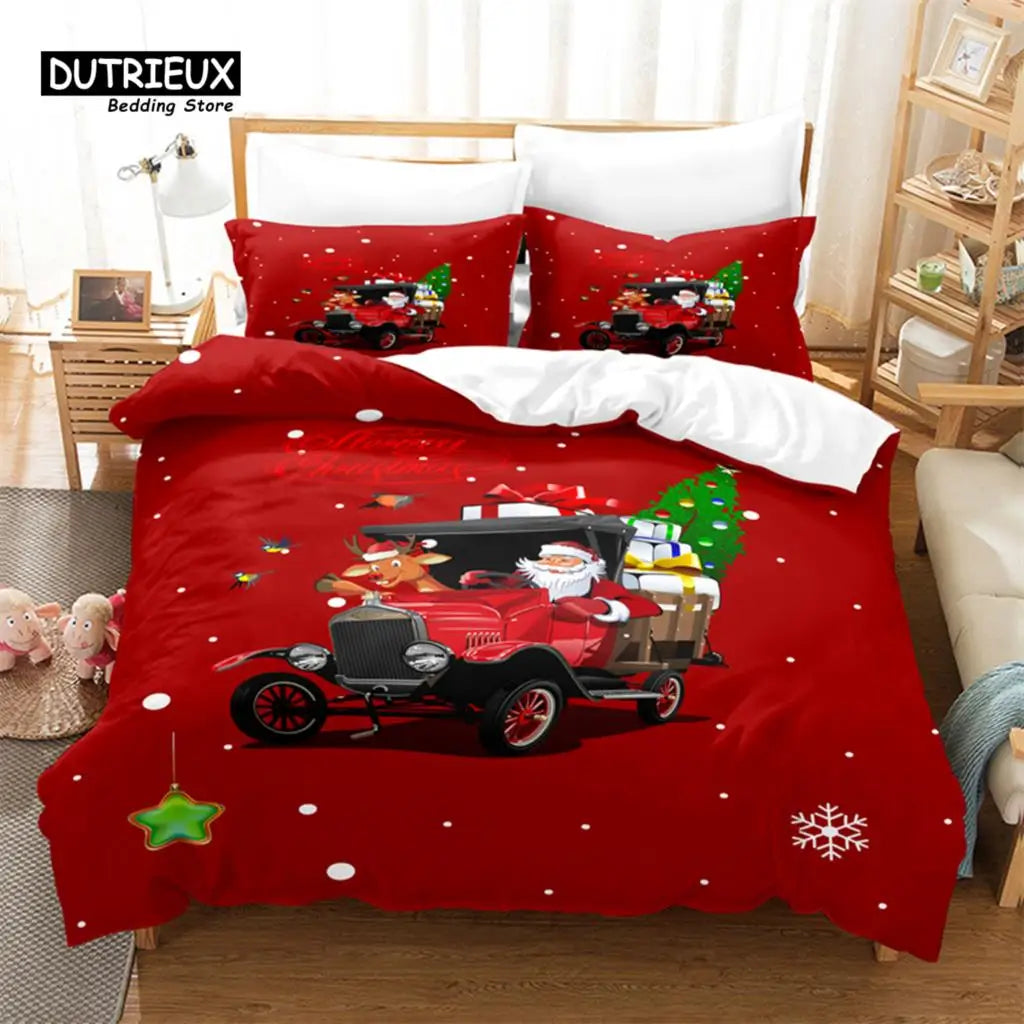 Red bedding set featuring Santa and a reindeer in a vintage car, adorned with gifts and a Christmas tree, on a snowy background. Suitable for a festive-themed bedroom.