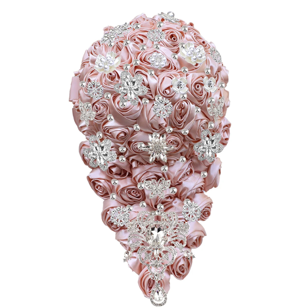 Elegant teardrop bridal bouquet with pink satin roses, adorned with silver rhinestone brooches and pearls, creating a luxurious and intricate floral arrangement.