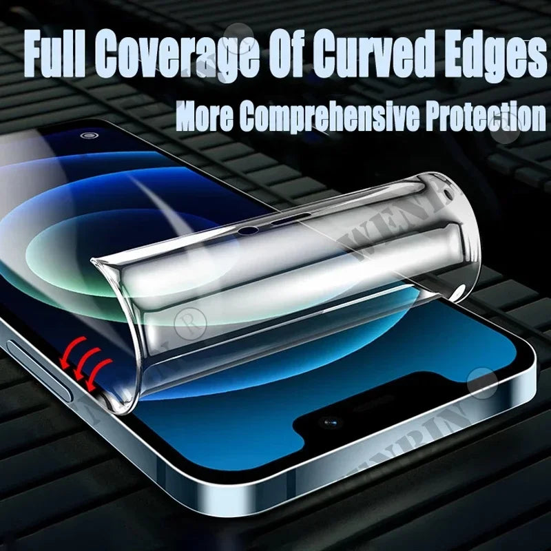 A phone screen with a transparent curved-edge protector being applied, showcasing full coverage and comprehensive protection. Bold text highlights the benefits.
