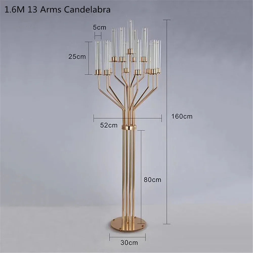Gold candelabra with 13 arms and glass holders, standing 160 cm tall with a 30 cm base. Detailed measurements of height and width are displayed on a light gray background.