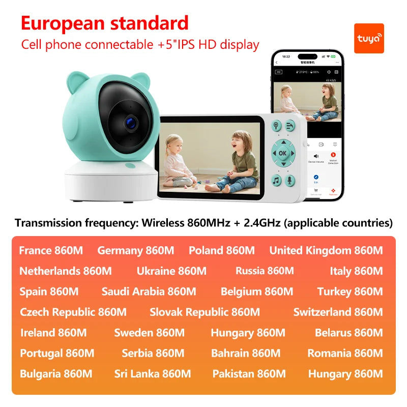 Smart camera with bear-shaped design and 5" HD display, showing a child on screen. Compatible with European countries using 860MHz and 2.4GHz frequencies.