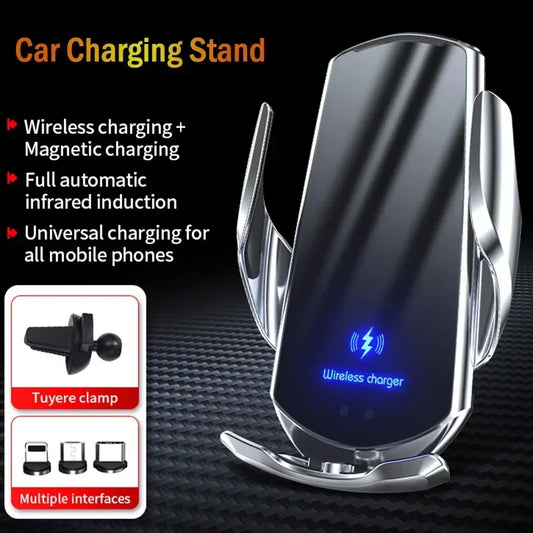 Car charging stand with wireless and magnetic charging, infrared induction, and universal compatibility for mobile phones; includes a tuyer or vent clamp and multiple interfaces.