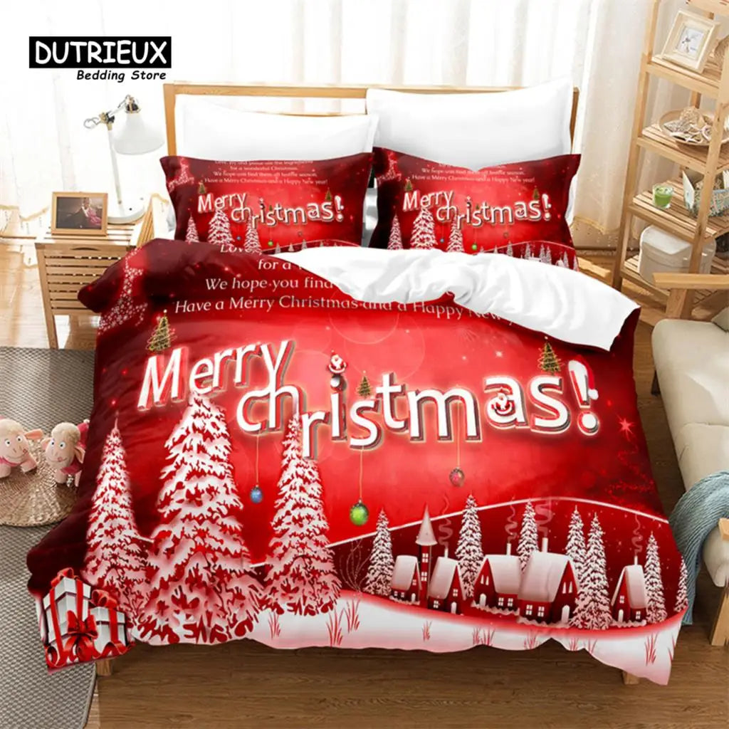 Red Christmas-themed bedding set with white snowy trees, small houses, and "Merry Christmas" text. Background features decorative ornaments. Room includes a nightstand and soft toys.