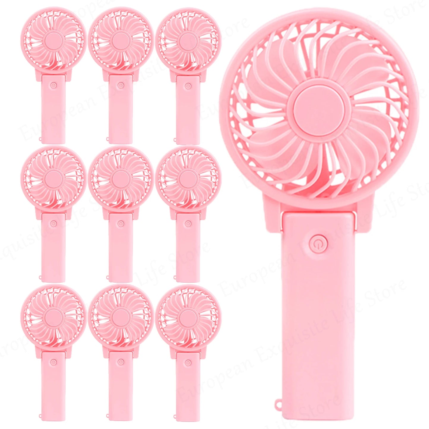 Ten pink handheld fans are arranged in a grid. Each fan has a circular grille and a power button on the handle. One fan is shown enlarged on the right side.