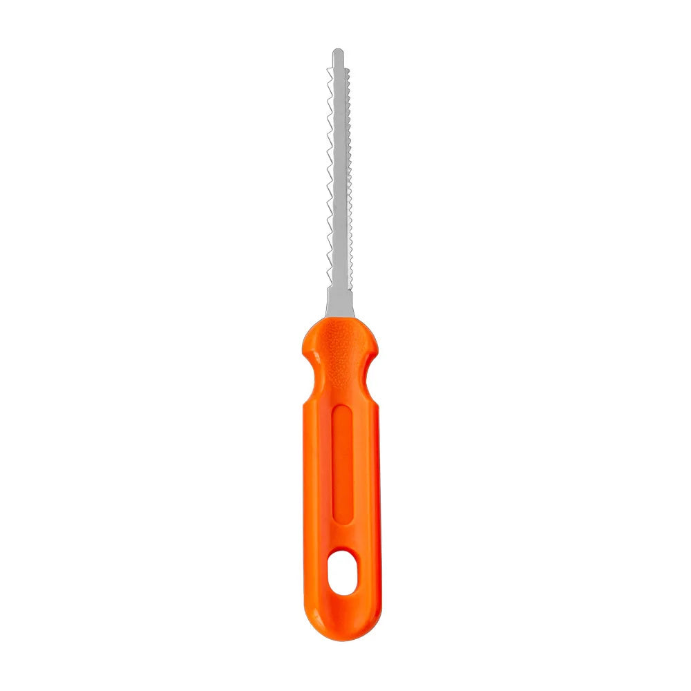 Orange-handled tool with a serrated metal blade, designed for cutting or carving. The handle has a textured grip and a hole at the end for hanging.