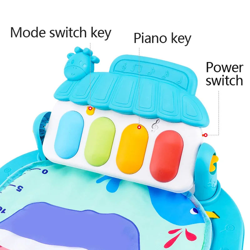 Close-up of a colorful children's piano toy with labeled components: blue mode switch key, green, yellow, and red piano keys, and a power switch on a playful mat.