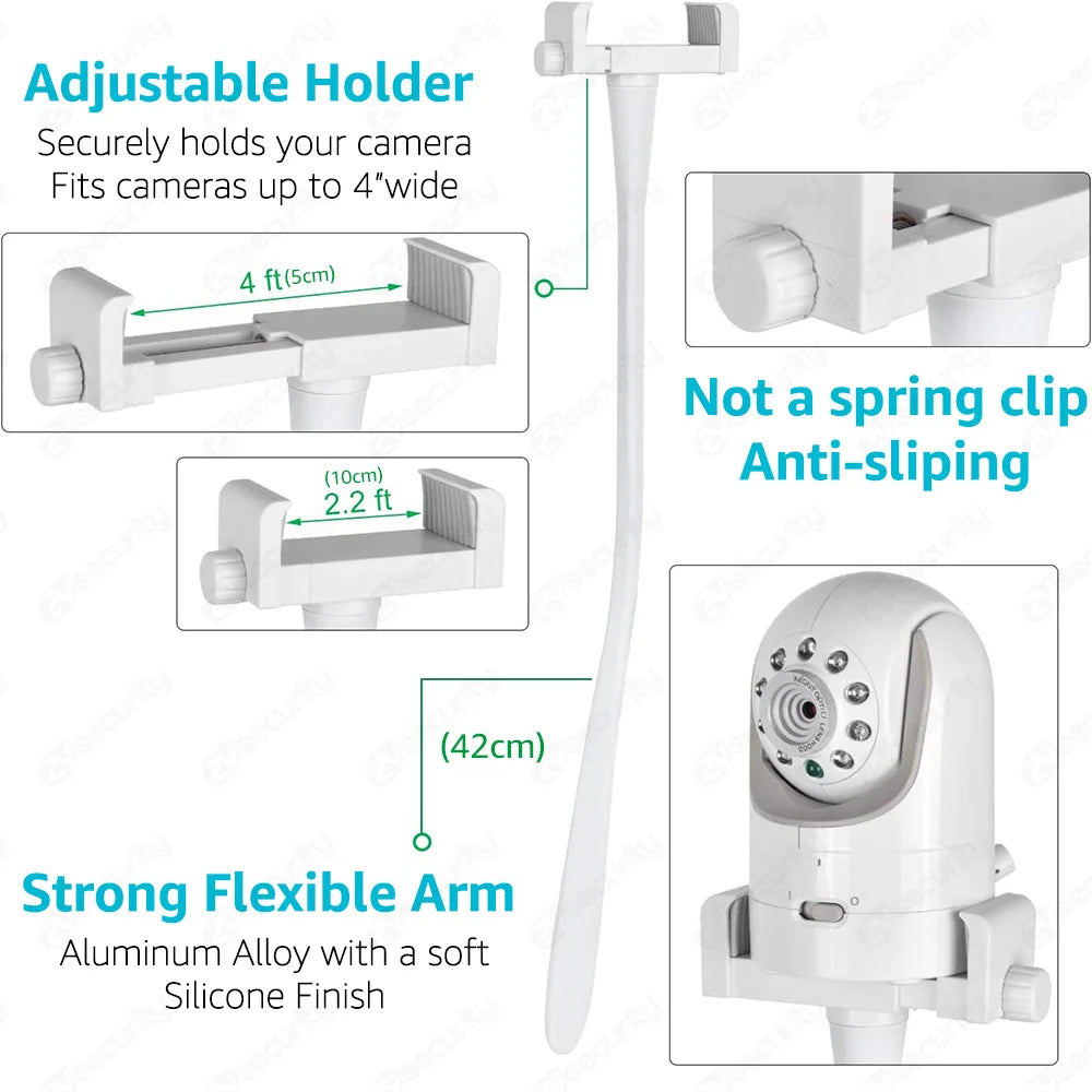 Adjustable holder and strong flexible arm for cameras up to 4 inches wide. Features anti-slipping and non-spring clip design. Made of aluminum alloy with silicone finish.