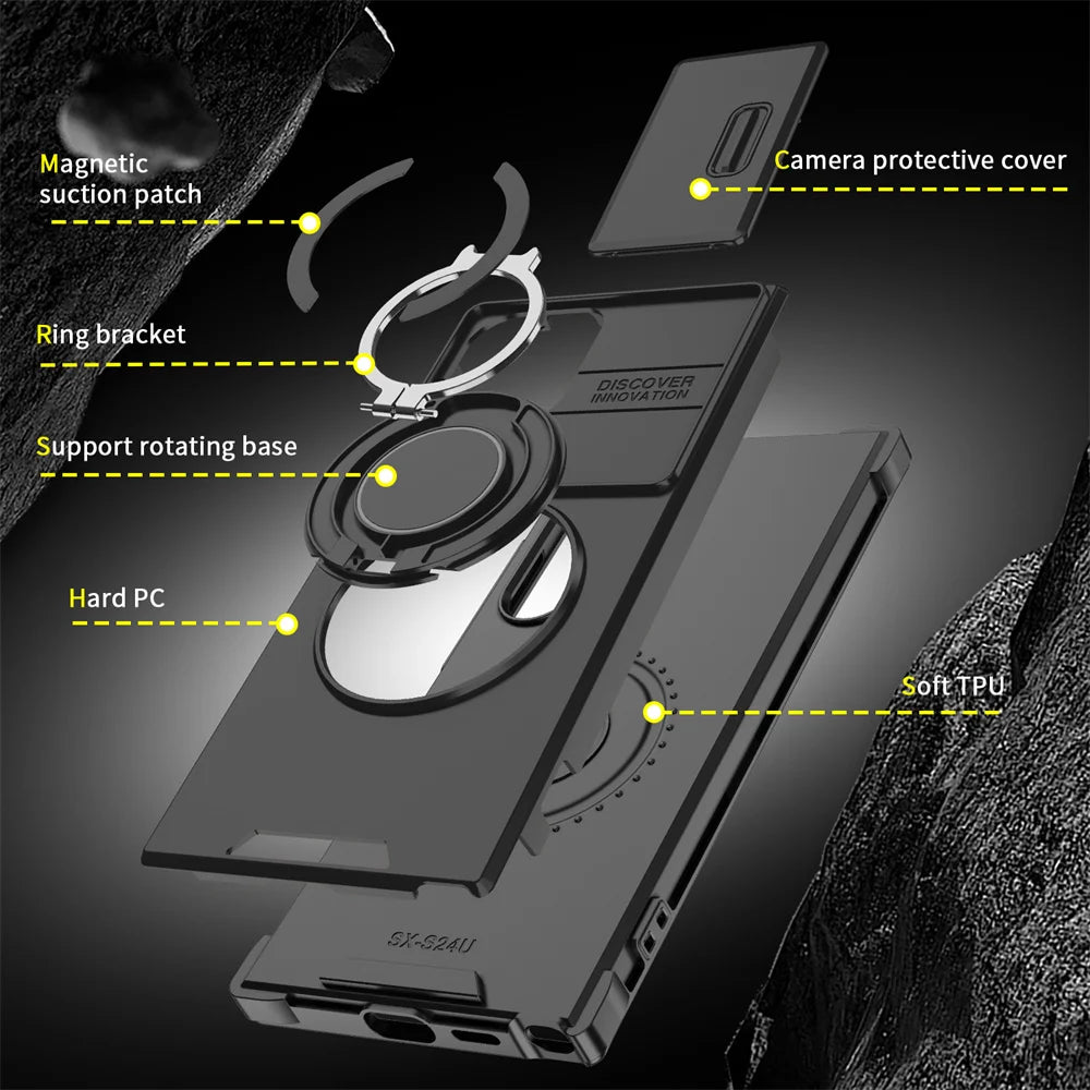 Exploded view of a phone case showing components: magnetic suction patch, ring bracket, rotating base, hard PC back, camera protective cover, and soft TPU lining.