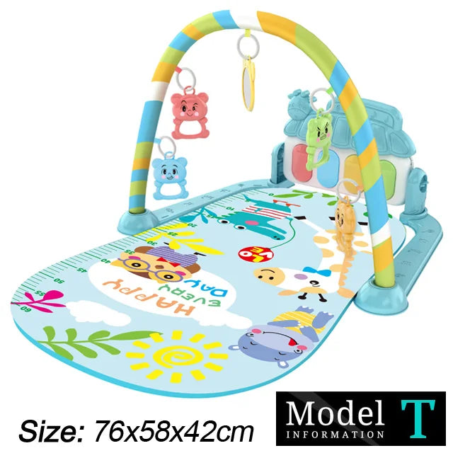Colorful baby play gym with hanging toys, piano feature, and playful animal-themed mat. Size: 76x58x42cm. Model T.