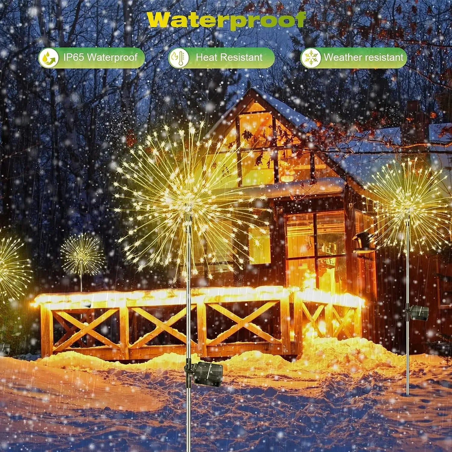 Snowy scene with a lit wooden cabin surrounded by bright starburst lights on poles. The image highlights "IP65 Waterproof," "Heat Resistant," and "Weather Resistant" features.
