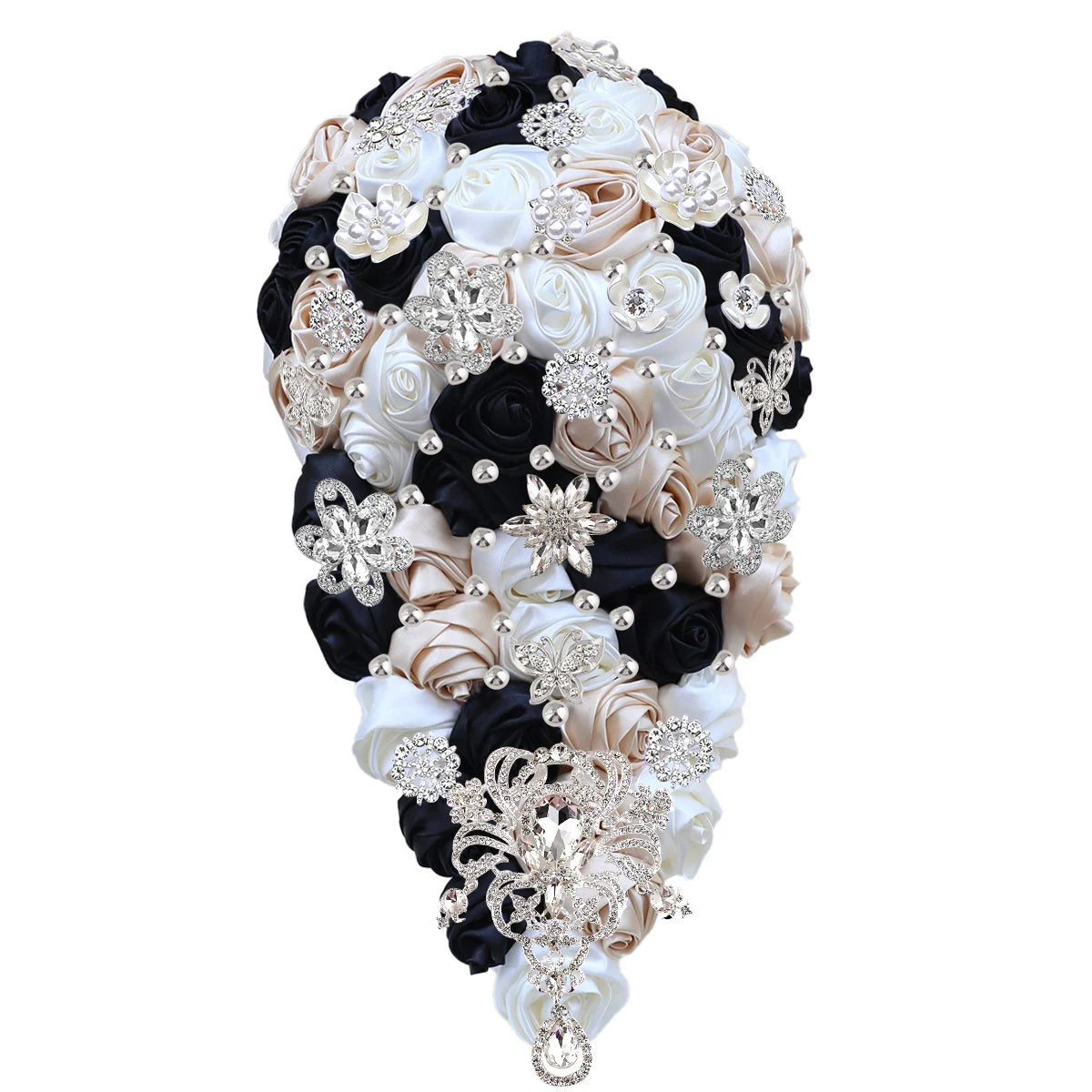 Elegant cascading bouquet with black, white, and champagne silk roses, adorned with sparkling silver brooches and pearl accents, creating a sophisticated, luxurious look.