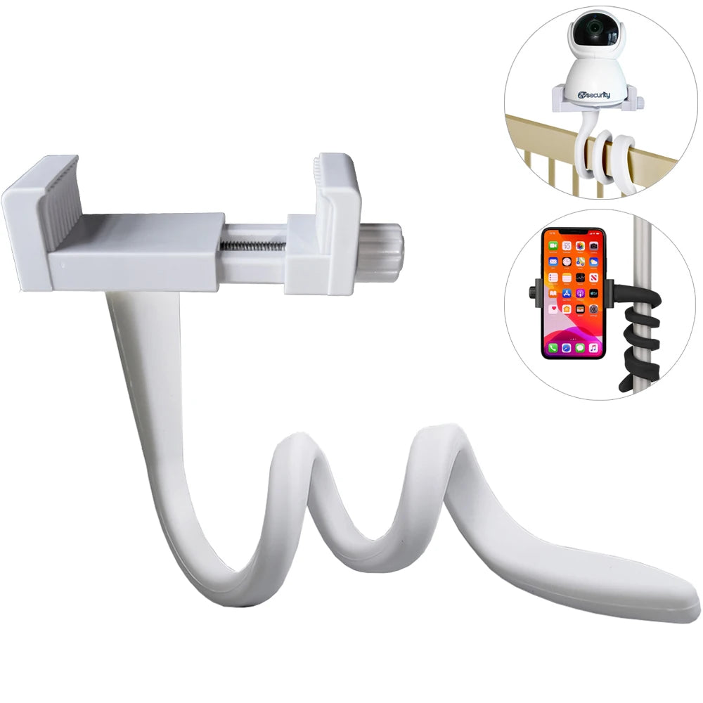 Flexible white mount with a clamp and a spiral base, shown holding a security camera and a smartphone in two insets. Ideal for securing devices to various surfaces.