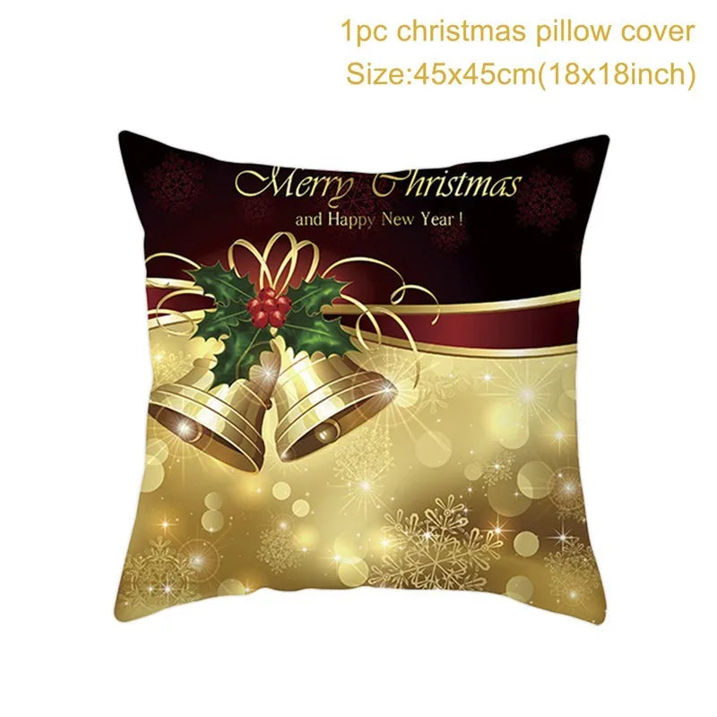 Festive Christmas pillow cover featuring gold bells, holly leaves, and berries with "Merry Christmas and Happy New Year" text. Dimensions: 45x45 cm.