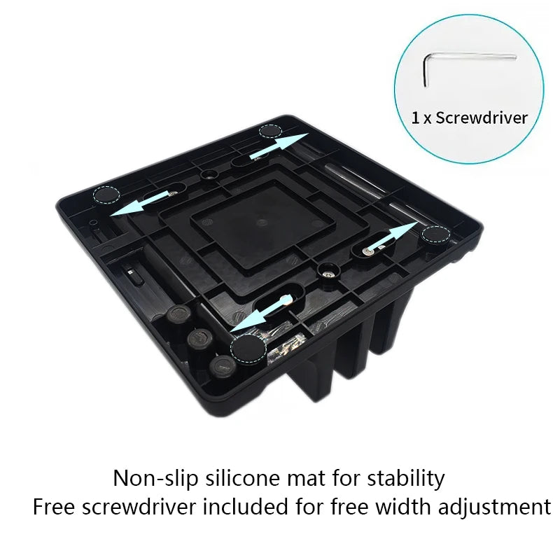 Black non-slip silicone mat with adjustable width, showing arrows for direction. Includes a free L-shaped screwdriver. Text: "Non-slip silicone mat for stability. Free screwdriver included."