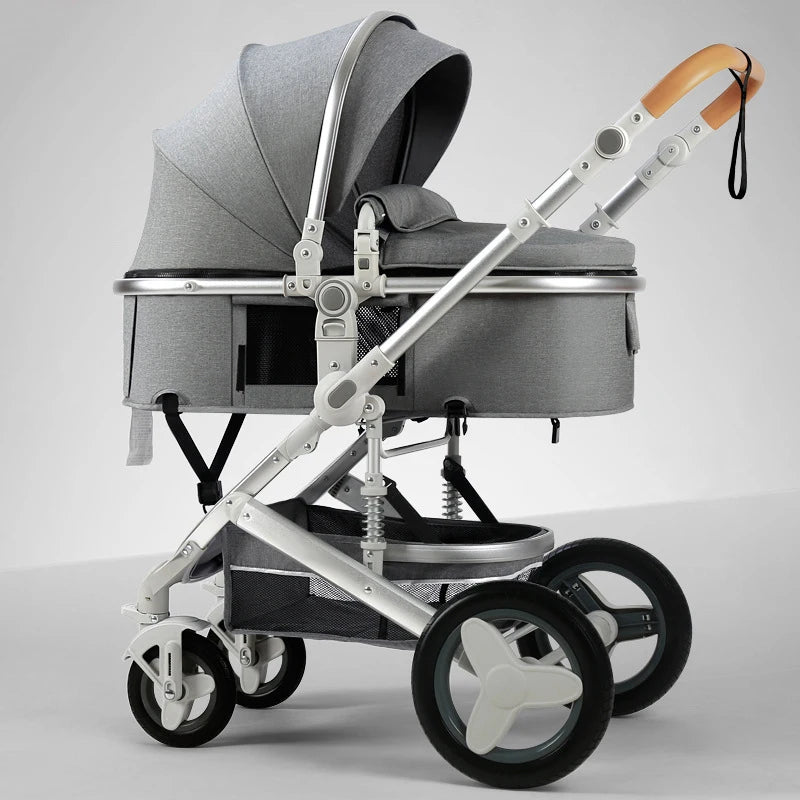 Sleek modern baby stroller with a gray canopy and seat, featuring large wheels, a sturdy metal frame, and a leather-accented handle.