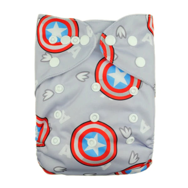 Gray cloth diaper with adjustable snaps, featuring a pattern of red, white, and blue circular shield designs and the letter "A" throughout.