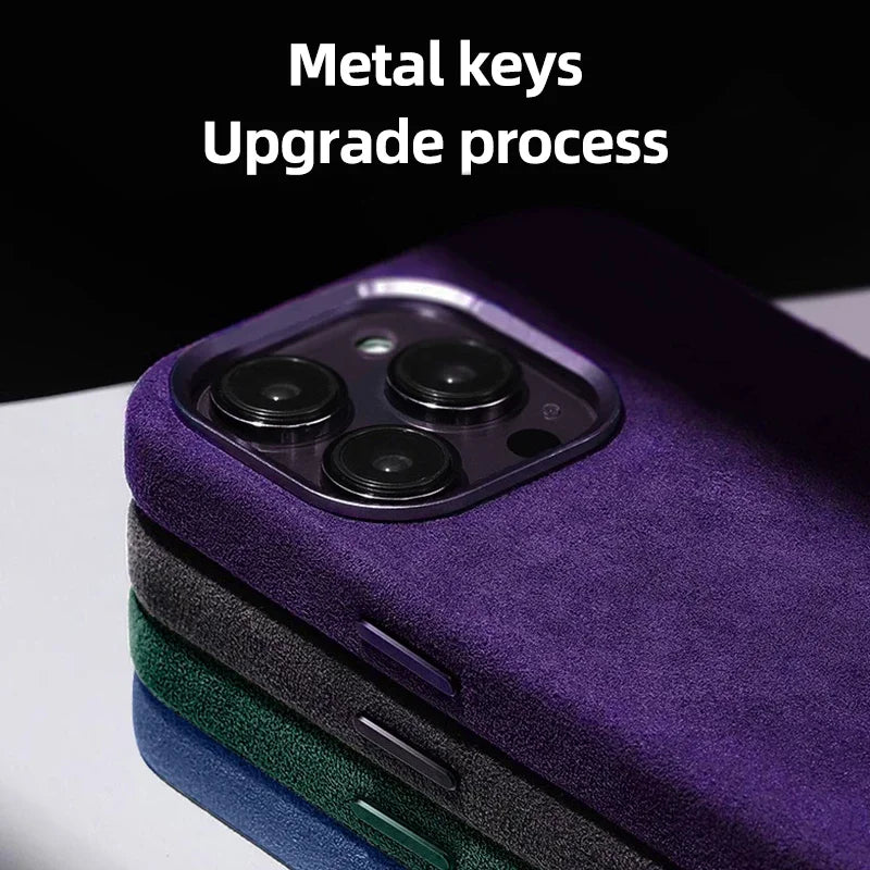 Three phones stacked, each in a suede-like case in purple, black, and green. Focus on rear cameras and metal side buttons. Text reads: "Metal keys, Upgrade process."
