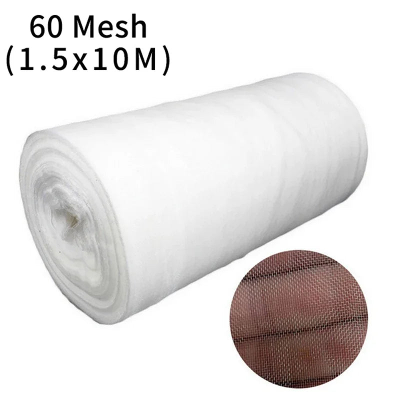 Roll of white 60 mesh fabric, dimensions 1.5x10 meters. Inset shows close-up of mesh texture with fine grid pattern overlaid on a finger for scale.