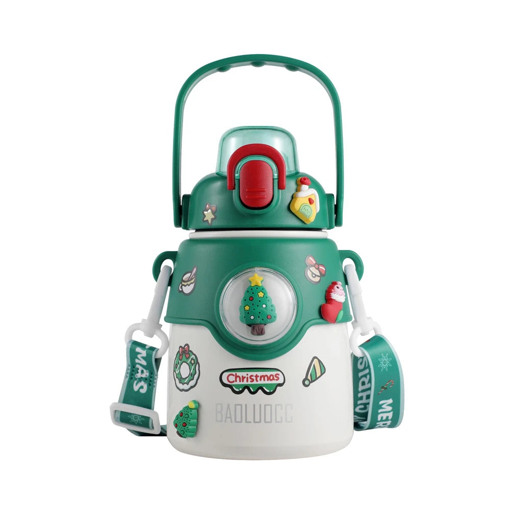 Green and white festive water bottle with Christmas-themed decorations, including a tree, Santa, and wreath. Features red accents, a handle, and detachable strap with "Christmas" text.
