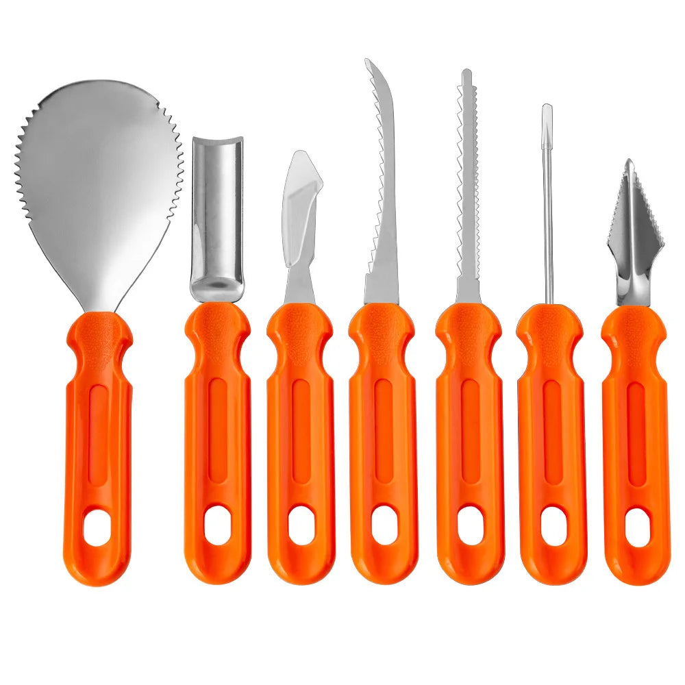 Set of seven pumpkin carving tools with bright orange handles. Includes various blades for cutting, sculpting, and detailing, arranged neatly in a row on a white background.