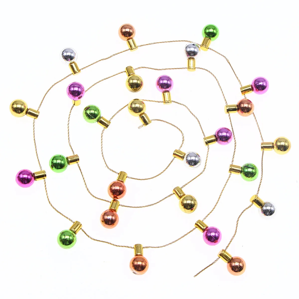 Colorful, metallic string lights featuring round bulbs in red, green, gold, purple, and silver, arranged in a spiral on a white background.
