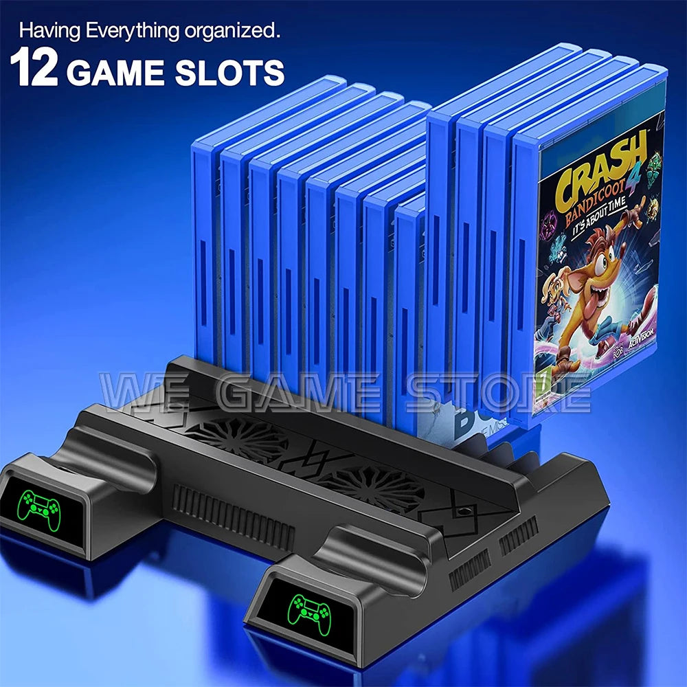 Game storage rack with 12 slots holding blue game cases, including "Crash Bandicoot." The black base features green gamepad icons, set against a blue gradient background.
