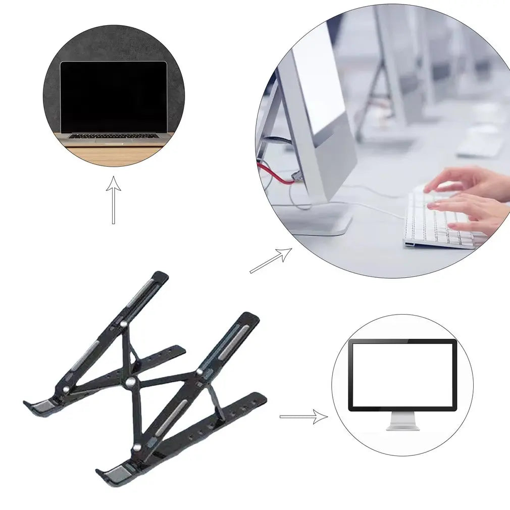 Collapsible black laptop stand with three arrows pointing to a closed laptop, a person typing on a desktop keyboard, and a computer monitor.