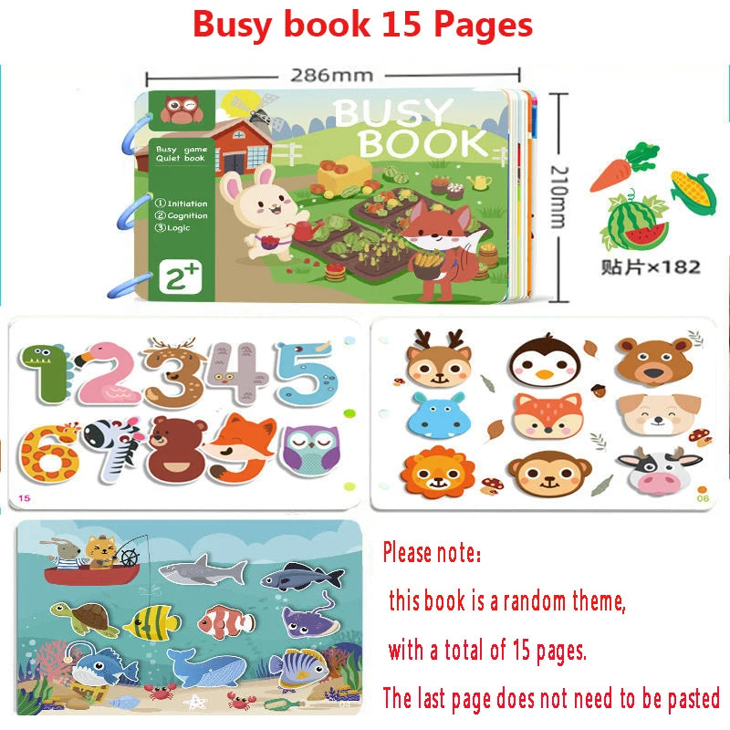 Children's busy book featuring animal characters, numbers, and ocean scenes. Includes 182 stickers, designed for ages 2+. Contains 15 pages; last page doesn't require pasting.