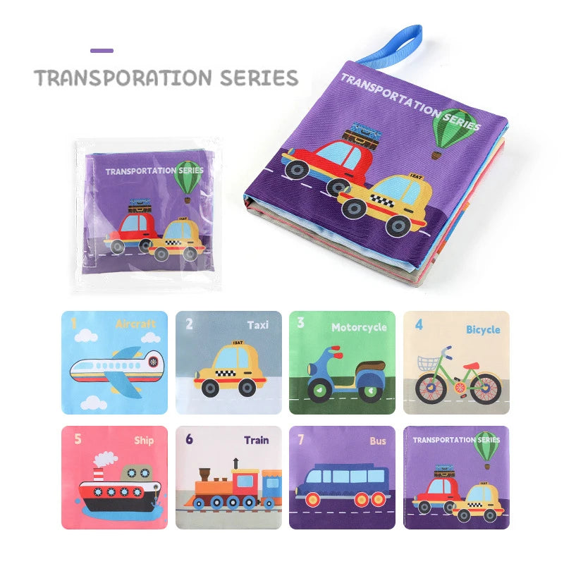 Children's fabric book titled "Transportation Series" with colorful pages illustrating various vehicles: aircraft, taxi, motorcycle, bicycle, ship, train, and bus.