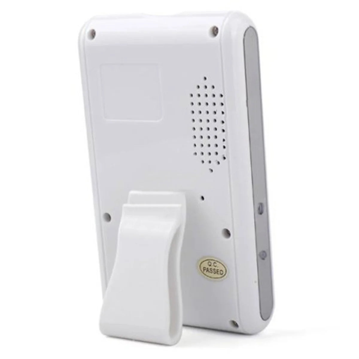 White electronic device with a front-facing clip, ventilation holes, and a "QC PASSED" label on the back, viewed from the side and back.