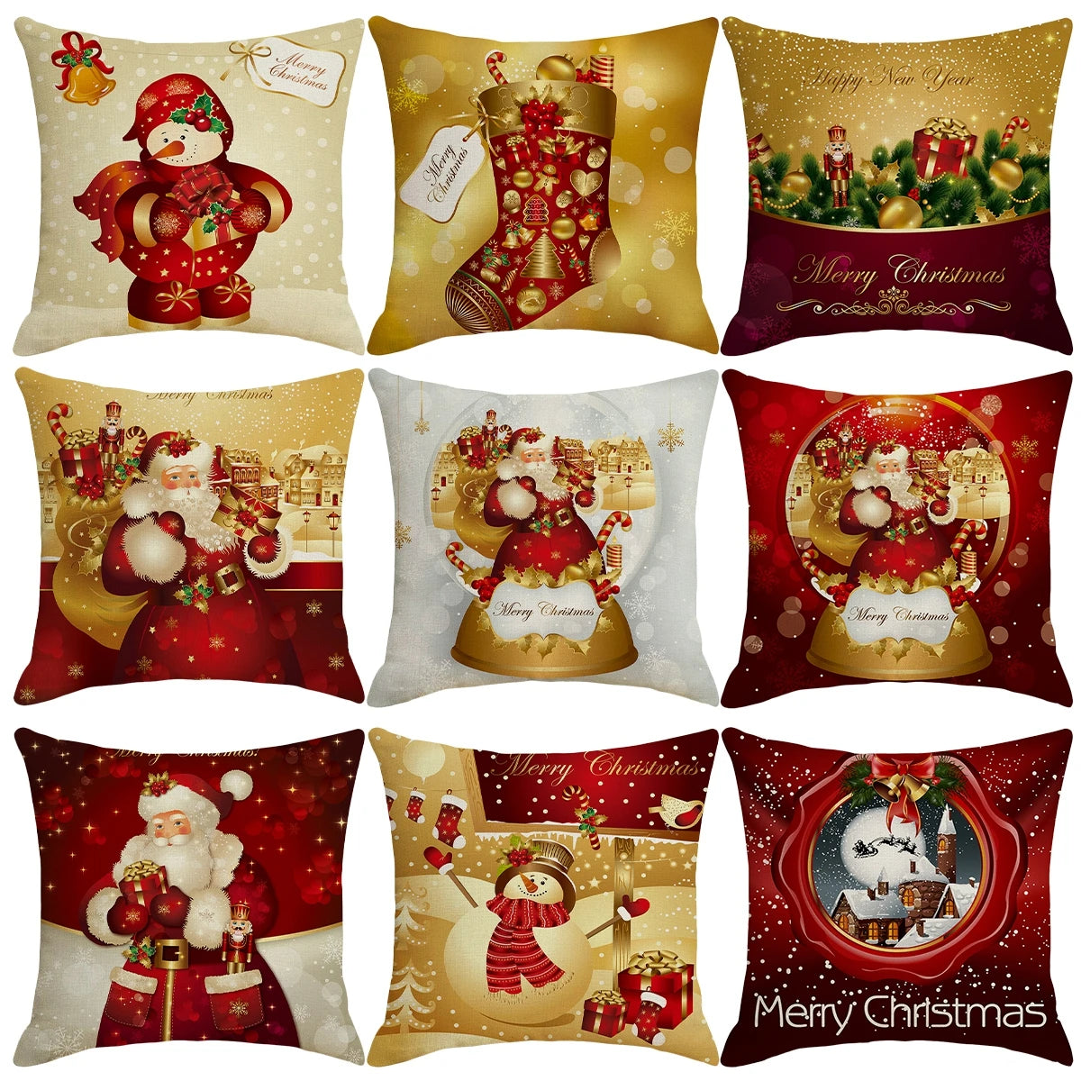 A collage of nine festive Christmas-themed pillows featuring Santa, snowmen, stockings, gifts, and a snowy village with phrases like "Merry Christmas" and gold-red color schemes.