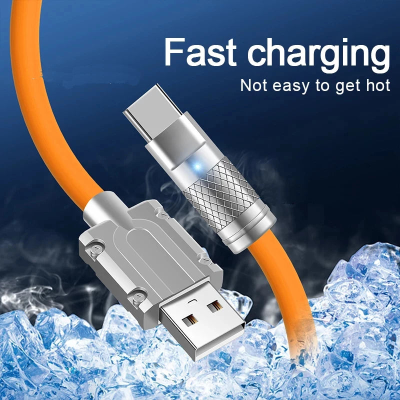 Orange fast-charging USB cable with metal connectors on ice, labeled "Fast charging. Not easy to get hot." Blue and gray background highlights durability and temperature resistance.