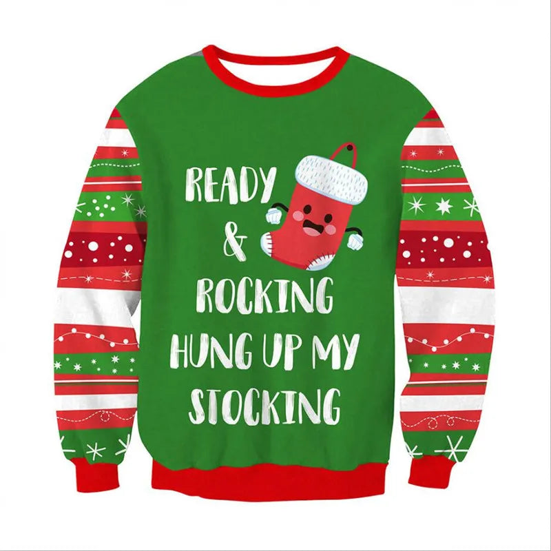 Green holiday sweater with red trim, featuring festive patterns on sleeves and the phrase "Ready & Rocking, Hung Up My Stocking," alongside a smiling Christmas stocking graphic.