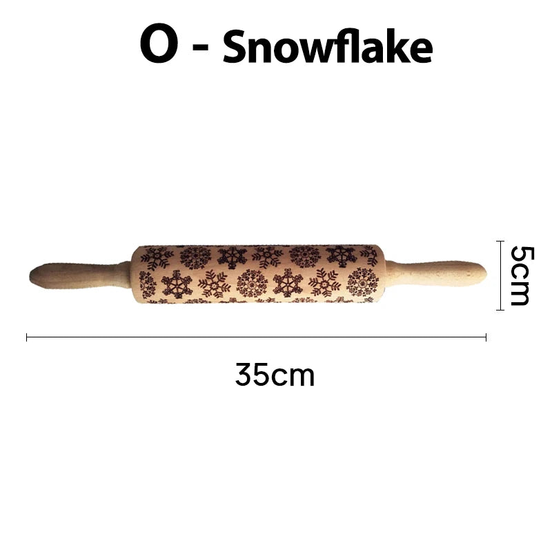 Embossing rolling pin with snowflake patterns, measuring 35cm in length and 5cm in diameter, labeled "O - Snowflake."