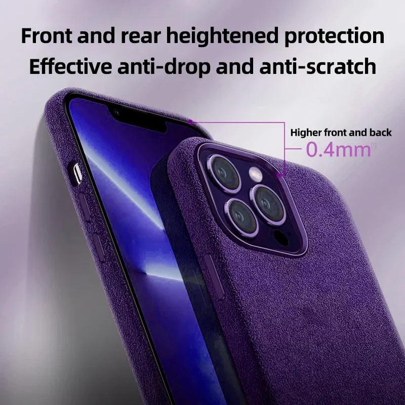 Purple phone case with enhanced protection, featuring anti-drop and anti-scratch design, 0.4mm increased height on front and rear. Text highlights the protective features.