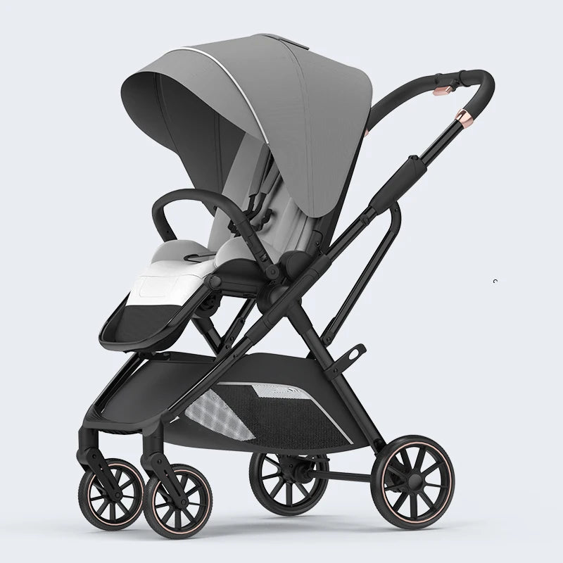 A sleek, modern baby stroller with a grey canopy and seat, black frame, and four wheels. Features include an adjustable handle and a storage basket underneath.