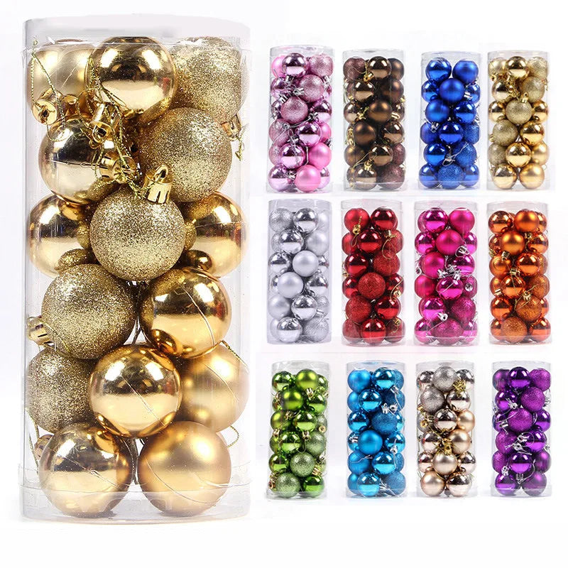Assorted Christmas tree baubles in a variety of colors, including gold, pink, brown, blue, red, silver, and green, displayed in clear cylindrical containers.
