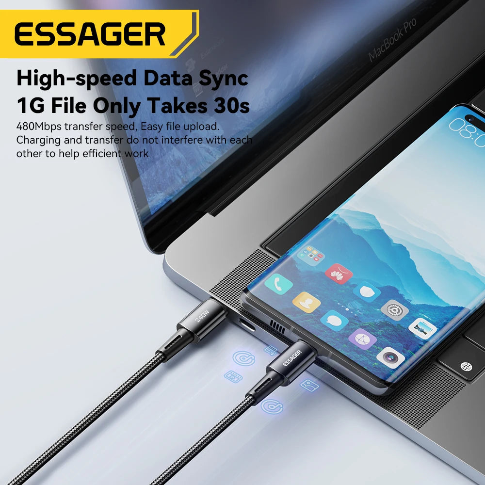 MacBook and smartphone connected via Essager cables. Text highlights high-speed data sync, 1G file transfer in 30 seconds, with 480Mbps speed. Charging and transferring don't interfere.