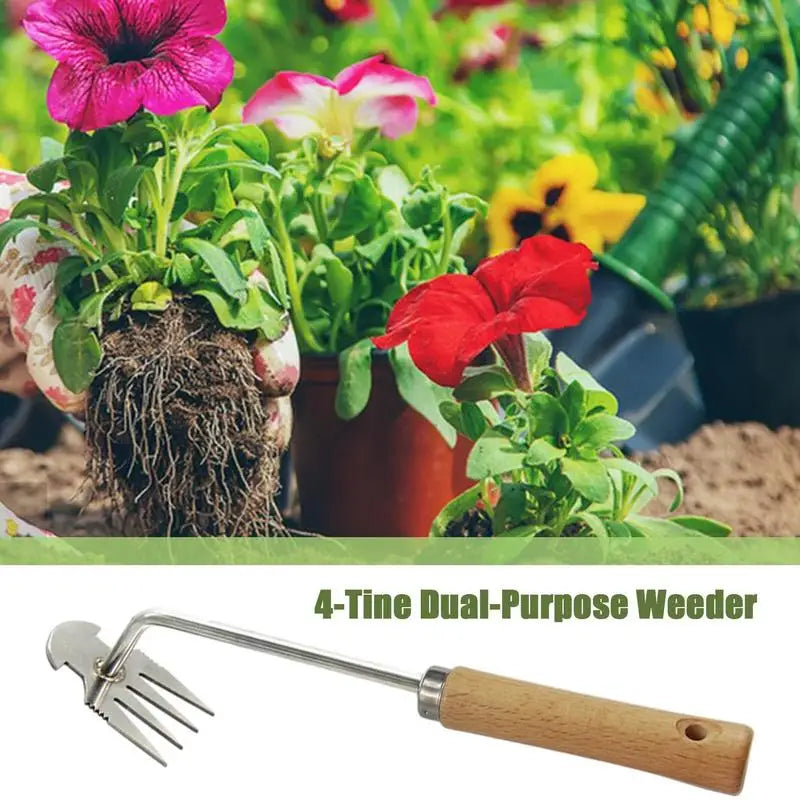 Gardening gloves hold a plant with vibrant flowers. Below, a 4-tine dual-purpose weeder with a wooden handle is shown, ideal for weeding and gardening tasks.