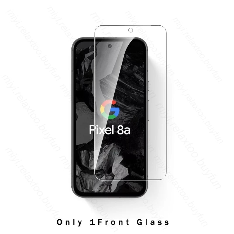 Front view of a Pixel 8a smartphone with a clear screen protector overlay. Smartphone displays a colorful Google logo on a dark, textured background. Text reads "Only 1 Front Glass."