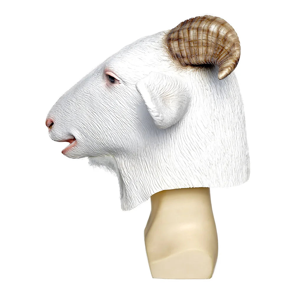 Side view of a realistic white goat mask with detailed textured fur and curved brown horns, displayed on a mannequin head against a plain white background.