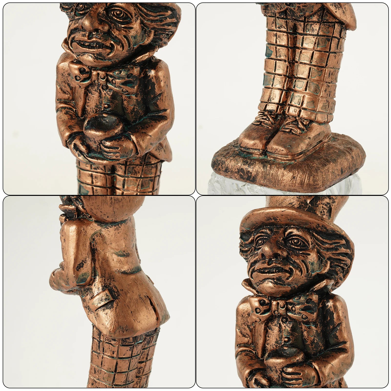 Close-up shots of a bronze figurine depicting a man in a top hat, bow tie, and checkered pants, holding an object. The statue features detailed textures and expressions.