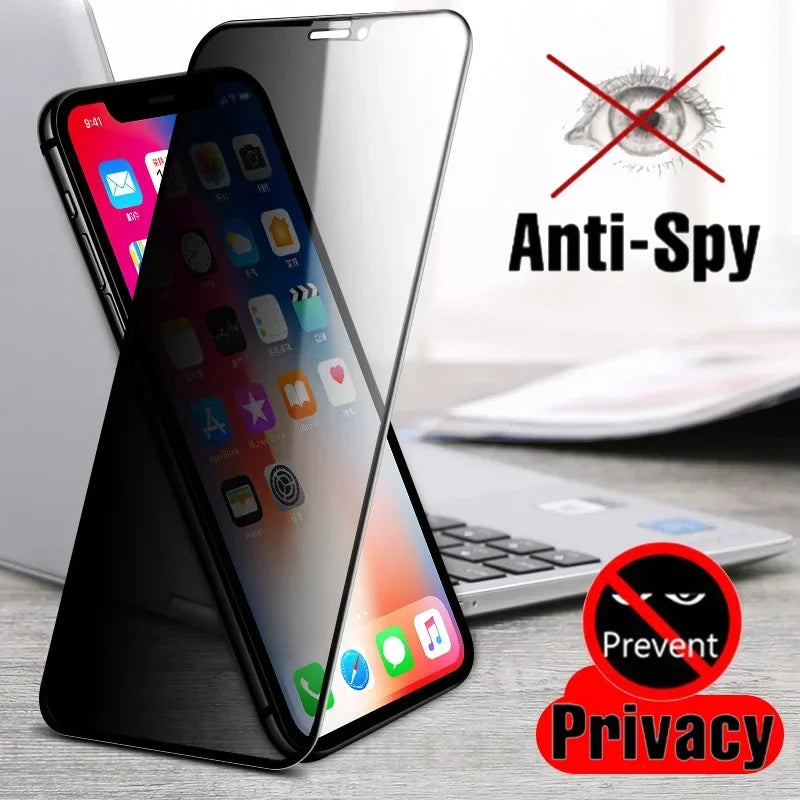Smartphone with anti-spy screen protector, partially obscured display. "Anti-Spy" is written next to a crossed-out eye icon. "Prevent Privacy" logo shown at bottom right.