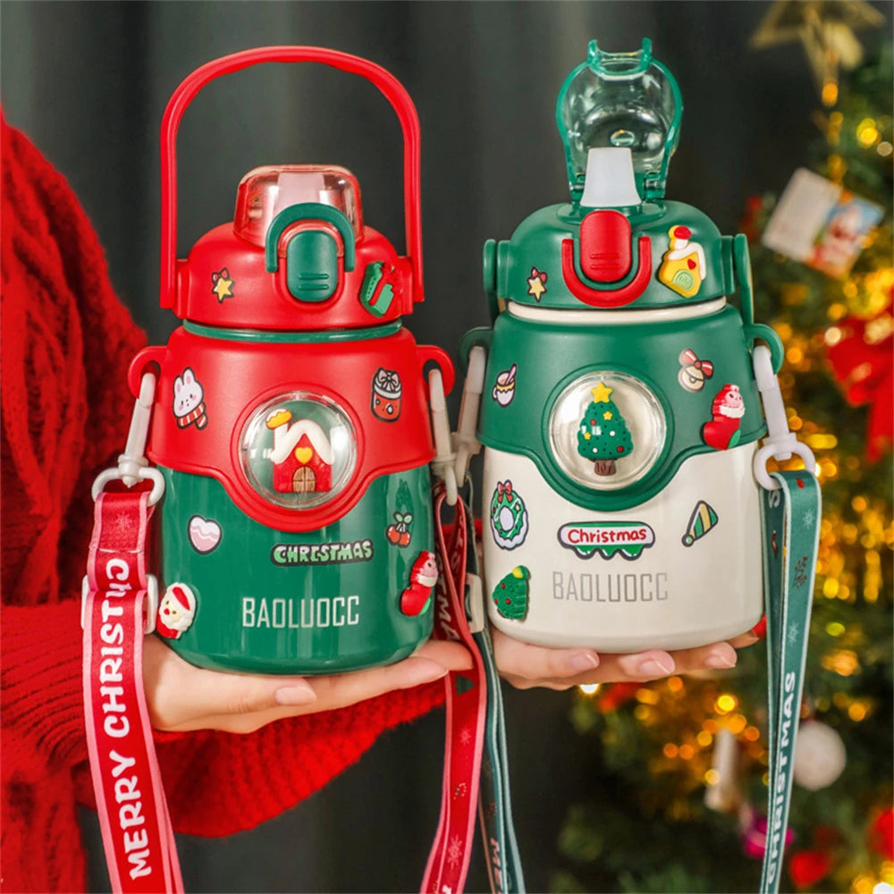 Festive Christmas-themed water bottles with red and green designs, decorated with holiday icons like Santa, Christmas trees, and candy canes. Each has a strap reading "Merry Christmas."